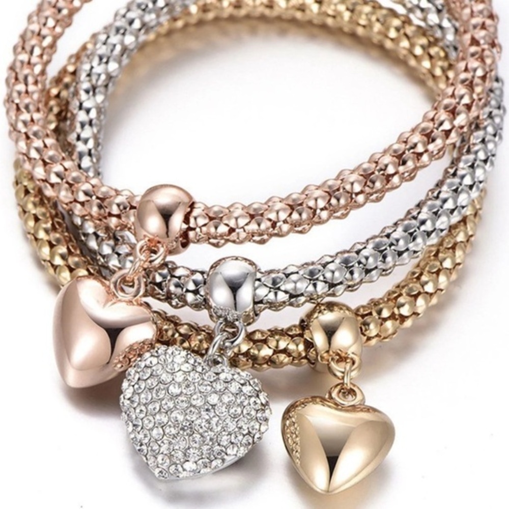 Heart Rhinestone Bead Gold Charm layered Bracelets